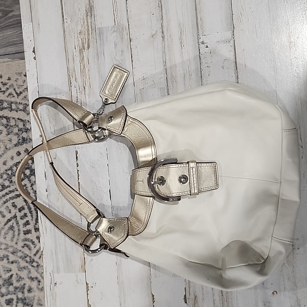 COPY - Cream color leather coach purse with lavender liner and gold accent